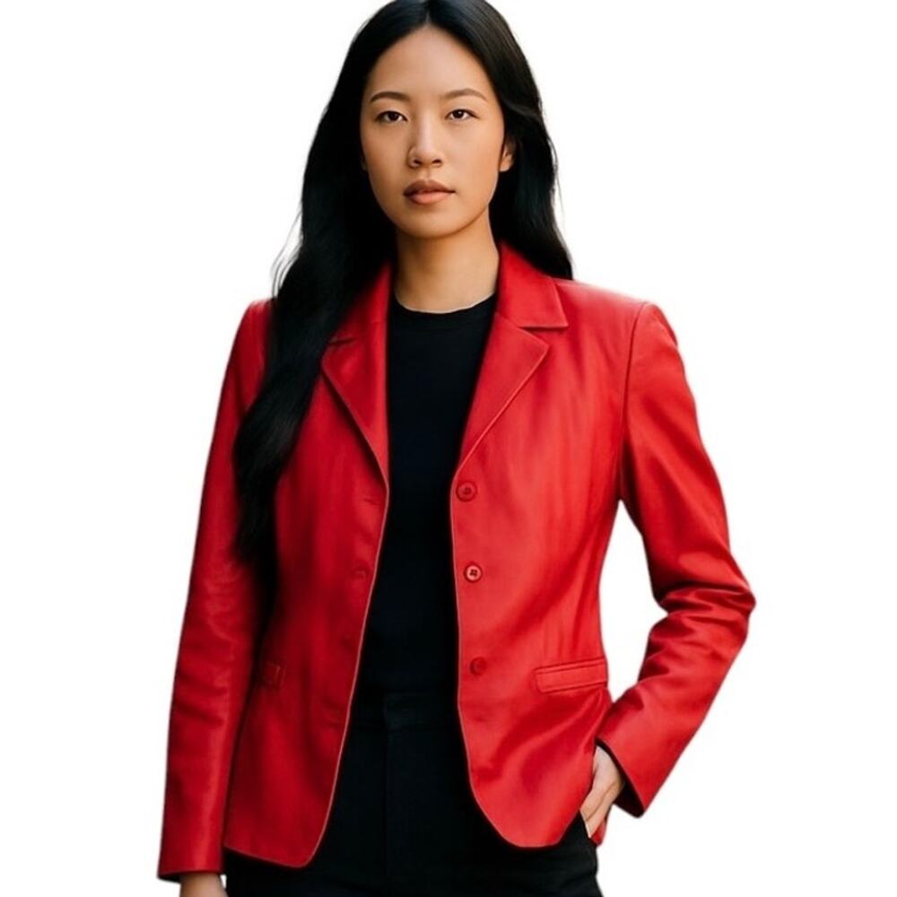 Vintage Nine West Women's Red 100% Leather Button Blazer Jacket Size 8 Retro 90s - Picture 7 of 7